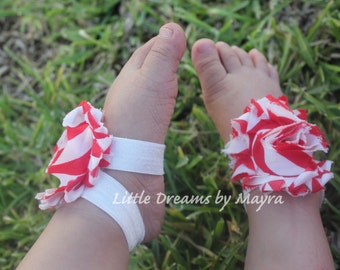 SUMMER SALE - Red chevron barefoot sandals - toddler barefoot sandals - white and red baby shoes - Christmas barefoot sandals