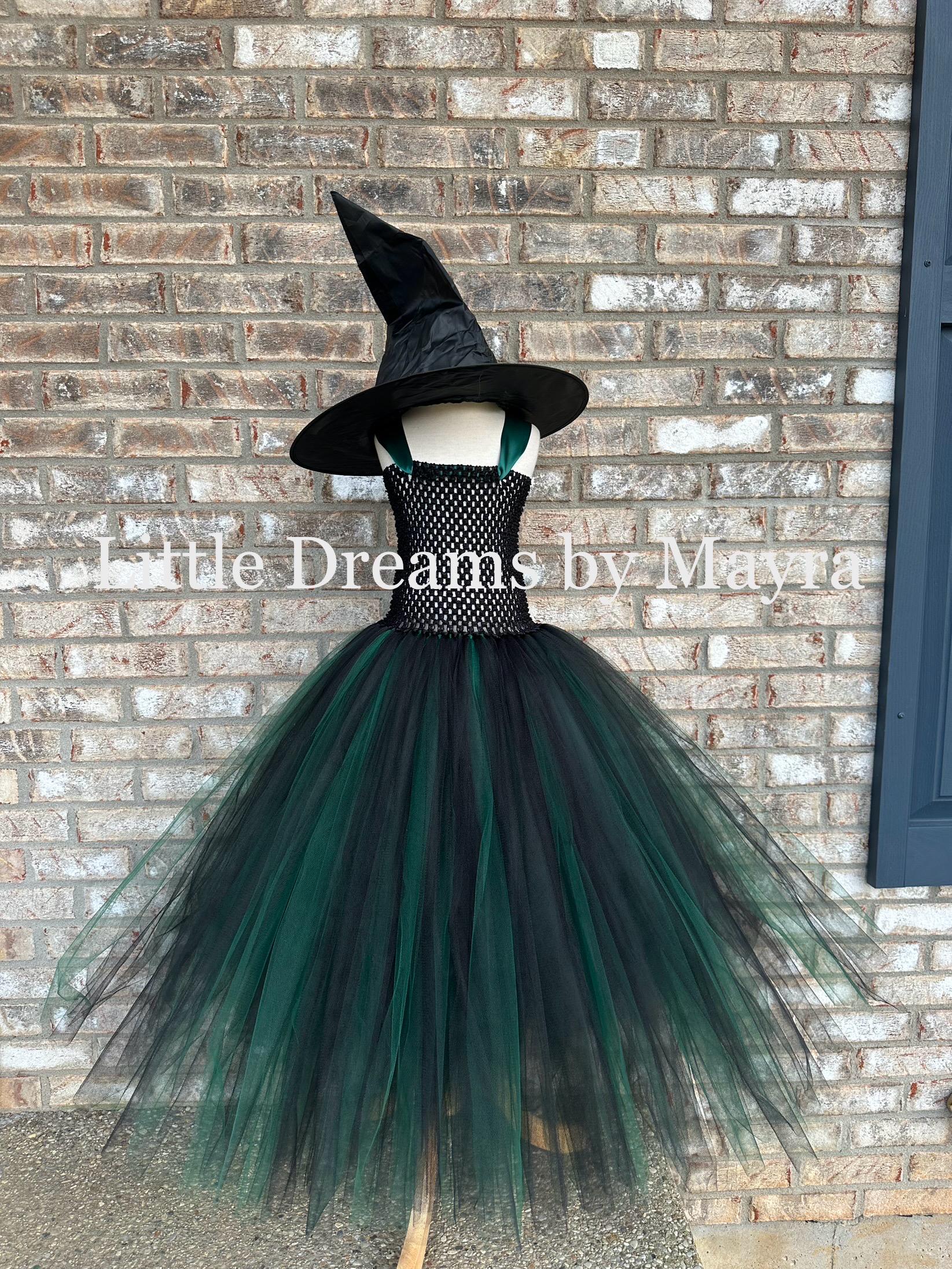 ReliBeauty Witch Costume For Girls - Black Halloween Tutu Dress With Hat, Cloak & Wand