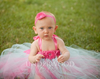 butterfly tutu dress - flower girl tutu dress - pink and aqua tutu dress - 1st birthday dress