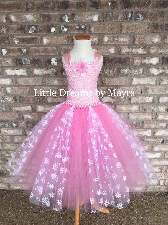 pink snowflake dress Snowflake Pink Christmas Girl Dress, Princess Dress, Birthday Festive Dress, Glittering Snowflakes, Special Occasion, New Year Photoshoot
