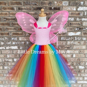 Rainbow tutu dress with pink wings, wand and hairclip, Princess fairy butterfly costume size newborn to 16 years, Pink fairy costume