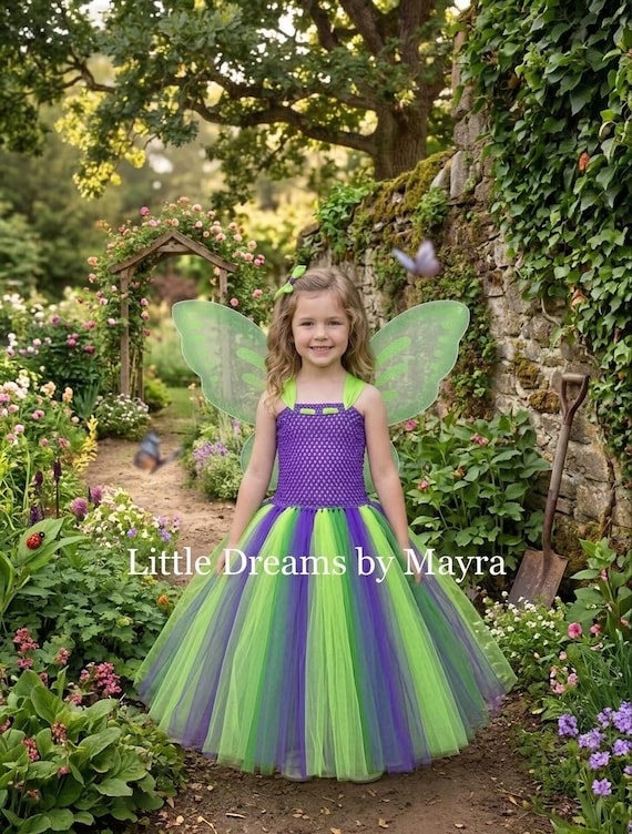 purple and green tutu dress butterfly with wings and hairpiece, Princess fairy butterfly costume size newborn to 14years Pink