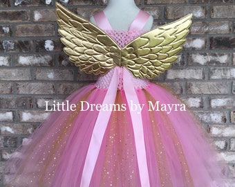 Pink and Gold Unicorn tutu dress and wings, Unicorn birthday party outfit available in any size nb to 14years