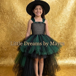 May include: A black witch hat and a dress with a black crocheted bodice and a layered high-low tulle skirt in alternating black and dark green colors. The text Little Dreams by Mayra is centered across the middle of the image.