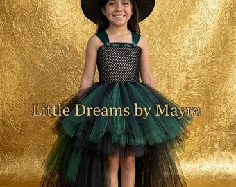 May include: A black witch hat and a dress with a black crocheted bodice and a layered high-low tulle skirt in alternating black and dark green colors. The text Little Dreams by Mayra is centered across the middle of the image.