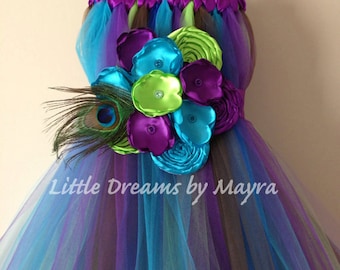 Peacock tutu dress and matching hair piece / Flower girl size nb to 12years