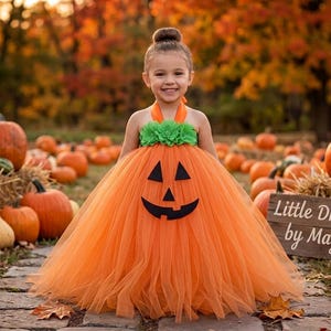 May include: A pumpkin-themed tutu dress featuring a vibrant orange tulle skirt with a black felt jack-o'-lantern face, a green floral accent at the neckline, and orange halter straps. The dress is displayed in a pumpkin patch setting.