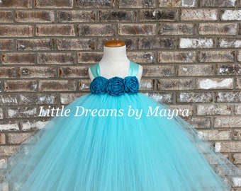 Teal and Aqua flower girl tutu dress and matching hairpiece, birthday tutu dress, Teal birthday party dress size nb to 4T