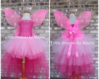 Pink fairy tutu dress with wings and hairpiece, Princess fairy butterfly costume size newborn to 14years, high low Pink butterfly tutu dress