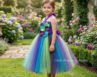 Peacock tutu dress and matching hair piece / Flower girl size nb to 12years