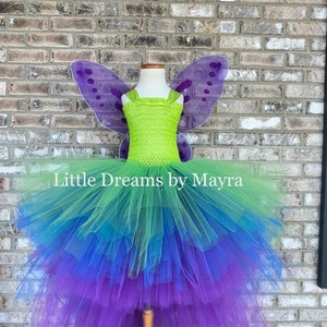 Neon fairy dress with wings and hairclip, size newborn to 14years, high low Apple green, Purple butterfly tutu
