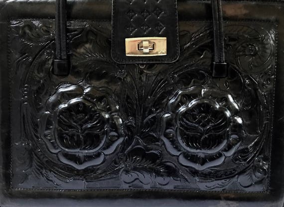 Large Black Handbag with dramatic allover tooled … - image 6
