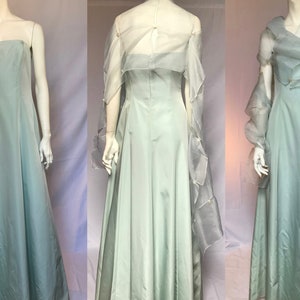Timeless Good Taste for Special Occasion Elegance. A shapely pale aqua-blue gown with or without a matching sheer silk organza stole.