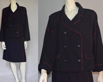 Chloe Navy Wool Suit with designer touch of Red Soutache trim - timeless style from French fashion house, often designed by Karl Lagerfeld