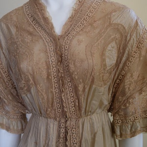 May include: A vintage beige dress with intricate lace detailing. The dress features a V-neckline, short sleeves, and a fitted waist. The lace is used on the bodice, sleeves, and along the button-down front. The skirt is pleated and flows down from the waist.