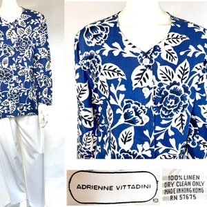 Vintage Adrienne Vittadini’s Abstract Floral Linen Jacket boldly tops pants, skirts, sleeveless dresses with timeless designer detailing.
