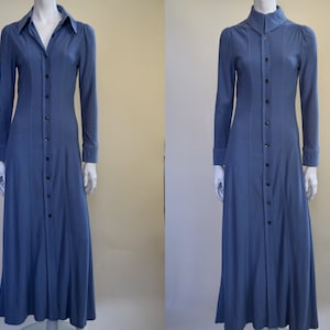 Ossie Clark of London Collectible Dress - Elegant, Long and Shapely Column of Finely Detailed Blue Wool Jersey