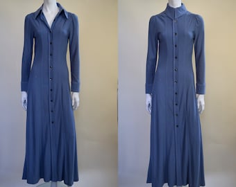 Ossie Clark of London Collectible Dress - Elegant, Long and Shapely Column of Finely Detailed Blue Wool Jersey