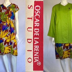 Oscar de la Renta vintage: chaqueta llamativa y hermosa en color lima brillante sobre un vestido cruzado con un deslumbrante estampado selvático. Dos looks en lino para muchas ocasiones