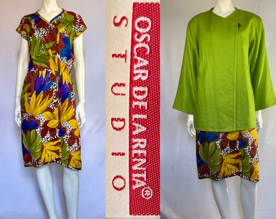 Oscar de la Renta, Vintage Oscar de la Renta - bold and beautiful bright lime jacket over dazzling jungle print wrap dress. 2 looks in linen for many occasions