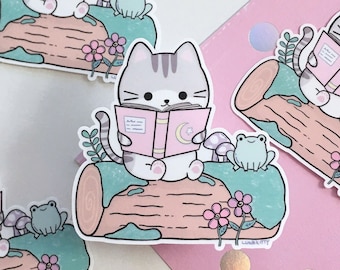 Kitty Reading Vinyl Sticker: Hand-Drawn Cat with Frog Friend
