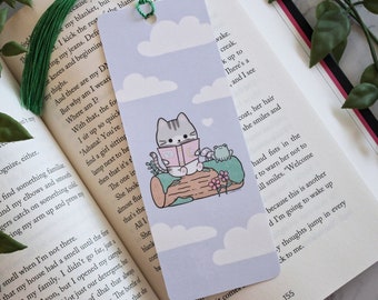 Kitty Reading on a log handmade Bookmark