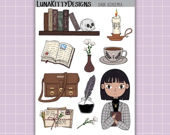 May include: A set of dark academia themed stickers featuring a skull, a candle, a book, a cup of coffee, a satchel, a quill and inkwell, a stack of books, a bouquet of white flowers, and a girl with a book. The stickers are on a white background.