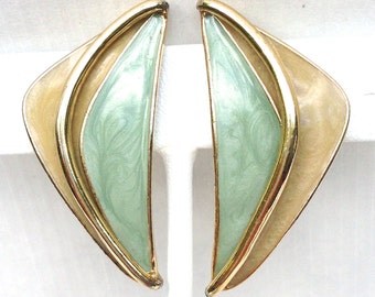 Crown Trifari Boomerang Earrings, 1950-60s Vintage Gold and Light Green Enamel Crescent Shaped Clip Ons, Signed Unique Fashion Jewelry Gift