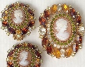 Cameo Set - SIGNED HOBE made by D and E - Crystal Rhinestone Brooch & Earrings Demi Parure Set - Rare and Gorgeous - Perfect Fall Colors!