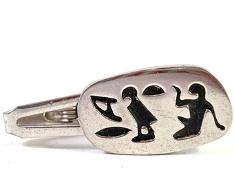 Rare Vintage Tie Clip, Pioneer Signed Egyptian Revival Hieroglyphics, Secret I LOVE YOU Message, Silver and Black Unique Gift for Him