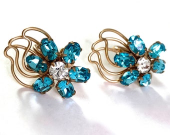 Vintage. Rhinestone Floral Earrings, Turquoise Super Sparkly Stones 12 K Gold Filled, Signed CAM, 1950s Flowers Unique Vintage Fashion Gift