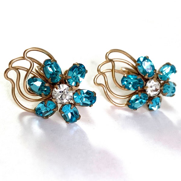 Vintage. Rhinestone Floral Earrings, Turquoise Super Sparkly Stones 12 K Gold Filled, Signed CAM, 1950s Flowers Unique Vintage Fashion Gift