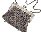 Vintage Silver Mesh Chain Link Purse, Antique German Mesh Bag, Engraved Frame and Leather Lining, 1900-1920