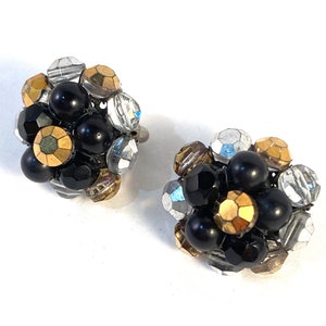 Vintage Black, Gold Silver Crystal Earrings, Designer Signed VOGUE Clip On Crystal Button Beaded Earrin, Unique Vintage Fashion Gift for Her