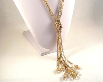 Long Gold Tassel Necklace, Vintage 3 Strand Chain and Crystal End Necklace, Crystal and Metal Beads, Layering Necklace, Unique Vintage Gift