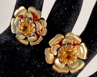 Vintage Gold Filled Floral Earrings, Yellow Gold Over Sterling Life Like Rhinestone Flowers, Yellow Mums Unique Vintage Jewelry Gift