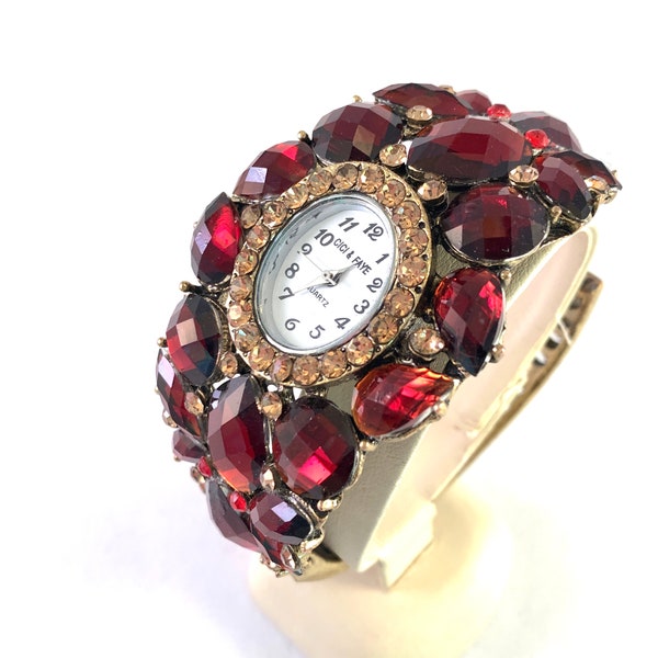 Rhinestone Cuff Bracelet Watch, Vintage Rhinestone Wrist Watch, Wide Red Clamper Works Perfectly, Quartz Movement 1980s, Unique Vintage Gift