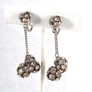 Vintage Hanging Rhinestone Earrings,  Sparkly Rhinestone Balls on Chains, 1960s Day Night Clip Ons, Unique Vintage Fashion Accessory Gift
