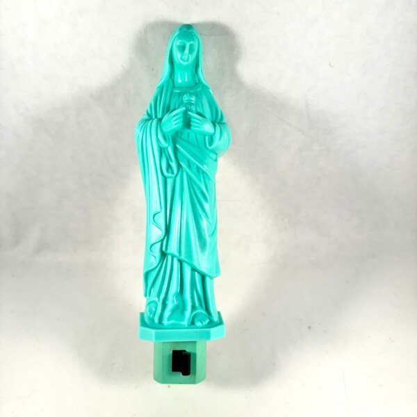 Vintage Immaculate Heart of Mary Praying Night Light, Turquoise Plastic Religious Mother Mary Light, Unique Vintage Home Decor Accessory