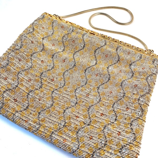 Vintage Beaded Bag, Hand Made Gold and Silver French Micro Seed Beaded Purse, Made in France, Unique Vintage Fashion Accessory Gift