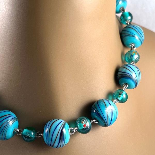 Vintage Italian Beaded Glass Necklace, Vintage Handmade Murano Turquoise Beads, 14.5"-17.5" Adjustable Chain, Unique Vintage Acessory Gift