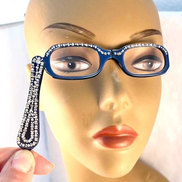 Rhinestone Folding Reader Glasses, Vintage Blue Lucite Lorgnette Opera Reading Glasses, Vintage Rhinestone Eyewear, Unique Vintage Accessory