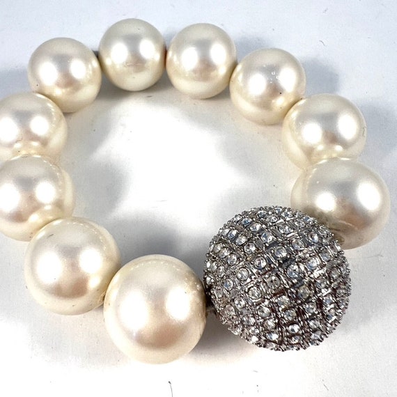 Large Faux Pearl and Rhinestone Bracelet, Vintage… - image 2