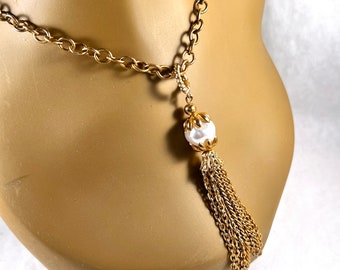 Vintage Tassel Necklace, Large Hanging Gold Tone Chain Tassel Pendant with Large Center Pearl, Unique Vintage Fashion Accessory Jewelry