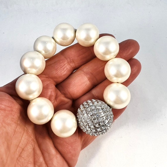 Large Faux Pearl and Rhinestone Bracelet, Vintage… - image 8