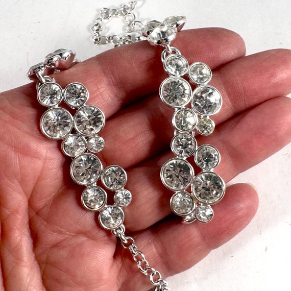 Crystal Rhinestone Silver Cluster Adjustable Link… - image 13