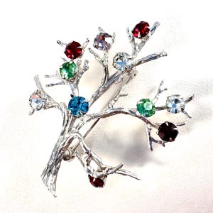 Vintage Sterlnig Silver Floral Rhniestone Branch Brooch, Multi Color Stones Family Tree, Tree of Life Unique Vintage Fashion Accessory Gift