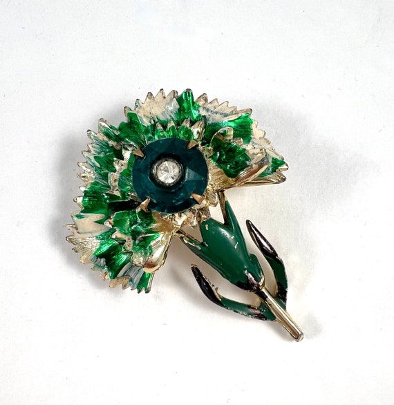 Vintage Signed Floral Brooch, Green Beatrice Enam… - image 4