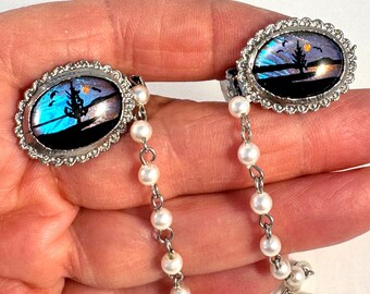 Blue Morph Butterfly Wing Sweater Clip with Faux Pearl Chain