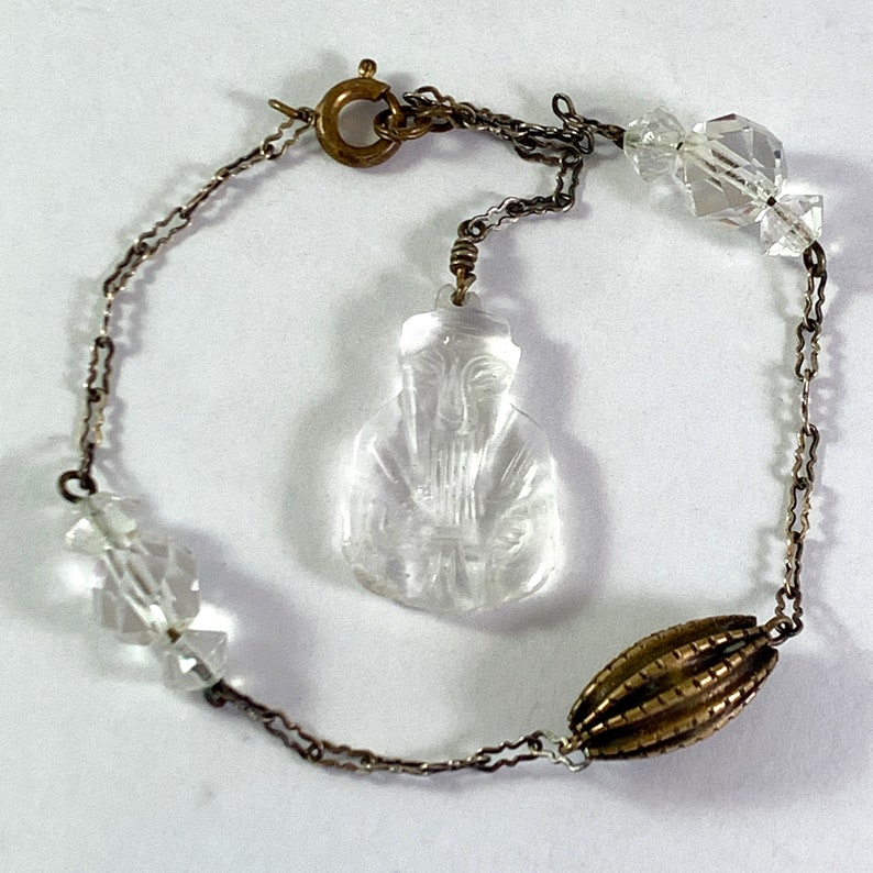 Confucius Cut Crystal Figurine on Silver Chain Good Luck Rare Crystal Brass Sterling 1920s Unique Vintage Sterling Bracelet